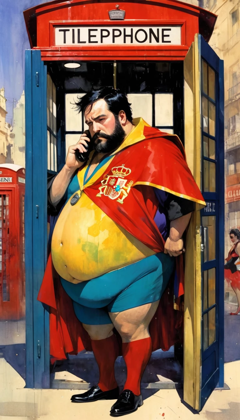 He is a superhero, an adult man with a cape and the colors of Spain with a very effeminate tutu, comic type, short black hair and beard, fat with a big belly, disheveled appearance, he changes clothes in a telephone booth very clumsily. typical English. spanish flag color suit (art inspired in Bill Sienkiewicz). oil painting)
