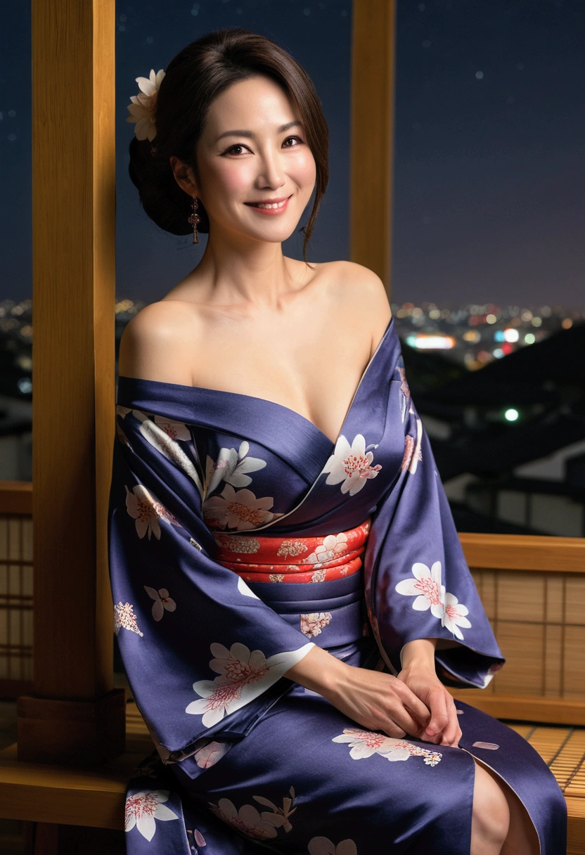 ((night, Real Light, Highest quality, 8k, masterpiece: 1.3)), 45-year-old woman, Beautiful woman, Slim figure: 1.4, (Dark brown hair), (Off the shoulder), (kimono)), ((Cleavage)), ((美しいkimono)), (night), Highly detailed face and skin texture, (Sitting), (((smile))),(((Leaning forward))