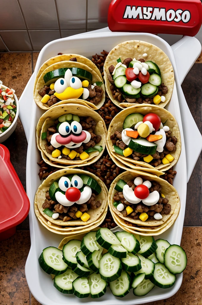 Mario bros in a shower of tacos and eating a cucumber
