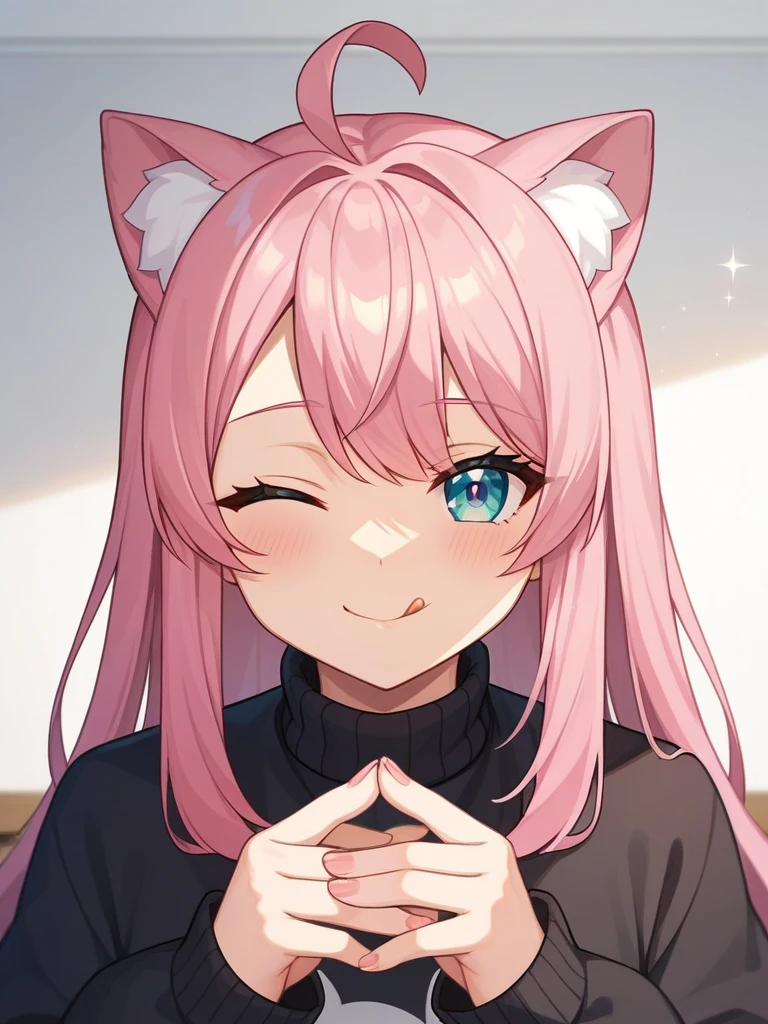 Adult, Female, long pink hair, winking, smiling, tongue out, vtuber, otaku bedroom, Masterpiece, Accurate, Anatomically Correct, Best Quality, High Details, Detail, Super Detailed, Best detail, Perfect detail, Amazing detail, [-3, 3], perfect hands, best hands, best fingers, perfect fingers, perfect body, best body, amazing body, Looking at viewer, front facing, upper body shot, Cat Ears, Close-Up, 