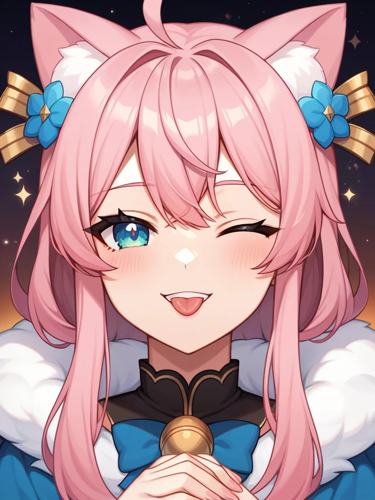 Adult, Female, long pink hair, winking, smiling, tongue out, vtuber, otaku bedroom, Masterpiece, Accurate, Anatomically Correct, Best Quality, High Details, Detail, Super Detailed, Best detail, Perfect detail, Amazing detail, [-3, 3], perfect hands, best hands, best fingers, perfect fingers, perfect body, best body, amazing body, Looking at viewer, front facing, upper body shot, Cat Ears, Close-Up, 