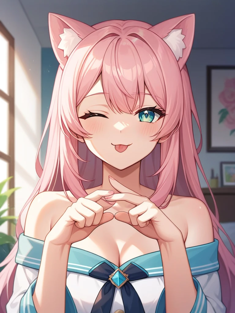 Adult, Female, long pink hair, winking, smiling, tongue out, vtuber, otaku bedroom, Masterpiece, Accurate, Anatomically Correct, Best Quality, High Details, Detail, Super Detailed, Best detail, Perfect detail, Amazing detail, [-3, 3], perfect hands, best hands, best fingers, perfect fingers, perfect body, best body, amazing body, Looking at viewer, front facing, upper body shot, Cat Ears, Close-Up, 