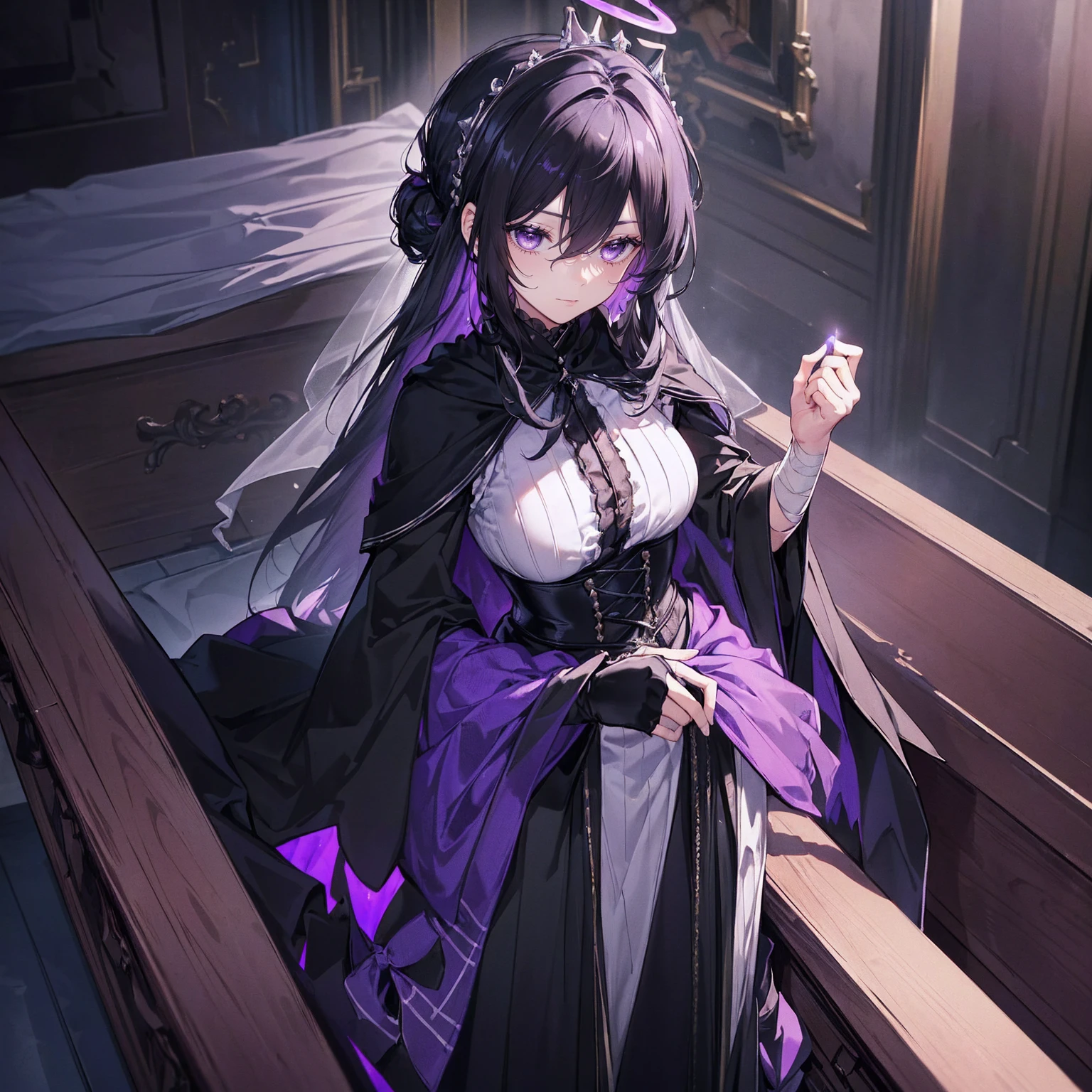 (Super detailed)),((illustration)),((masterpiece)),(((need))),((fine、Highest quality CG Unity 8K wallpapers,masterpiece),((4K,masterpiece,best quality)),Black hair queen,Waist-length hair,Royal sister,Sexy,Tall figure,Lilac eyes,Standing upright in a coffin,mummy,The whole body is wrapped in bandages,Limbs wrapped in bandages,There is a coffin beside him,Mature,Hair Bunch,Hair tied on both sides,Black and purple French vintage clothing,Gorgeous pure black cape,Black veil,Purple-white halo,Black purple boots,Wearing a crown on the head,Holding a knight's sword,pyramid,Emitting dim purple light,Brilliant palace,Mysterious symbols,individual,Emit a dim light,Full body picture