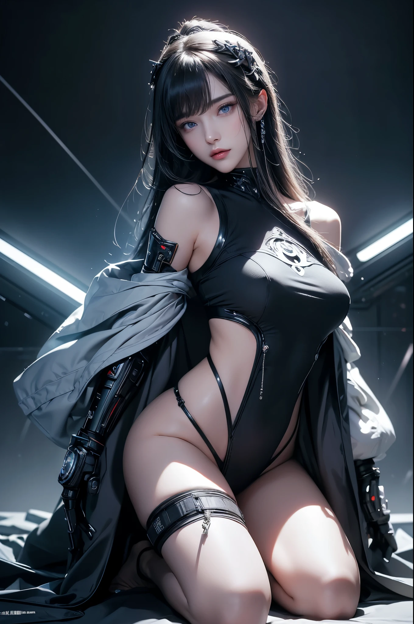 masterpiece, Highest quality, Very detailed, To the camera, 複雑に詳細なVery detailed, Realistic, Sharp features, Very detailed, Sharp focus, Perfect Face, Perfect Face, Perfect symmetry and perfect eyes, Perfect Plump Lips, Flexible female form, Cinematic, Film Light, Very detailed, hyper Realistic, masterpiece, Atmospheric, High resolution, Vibrant, Dynamic Studio Lighting, ((Dark Background)), The expression when enduring pleasure, Straight bangs, blue eyes,Kneeling with hands on crotch、Butt、Sexually aroused expressions、No clothes、NSFW,((top quality、8k、masterpiece:1.3))Wears a silver-white mech,girl with delicate face,Highest image quality,Ultra-clear,Delicate and clear facial features,end of the world,Mechanical arm,Exquisitely detailed mechanical pattern,Cyberpunk characters、numbercity、number、century、throne