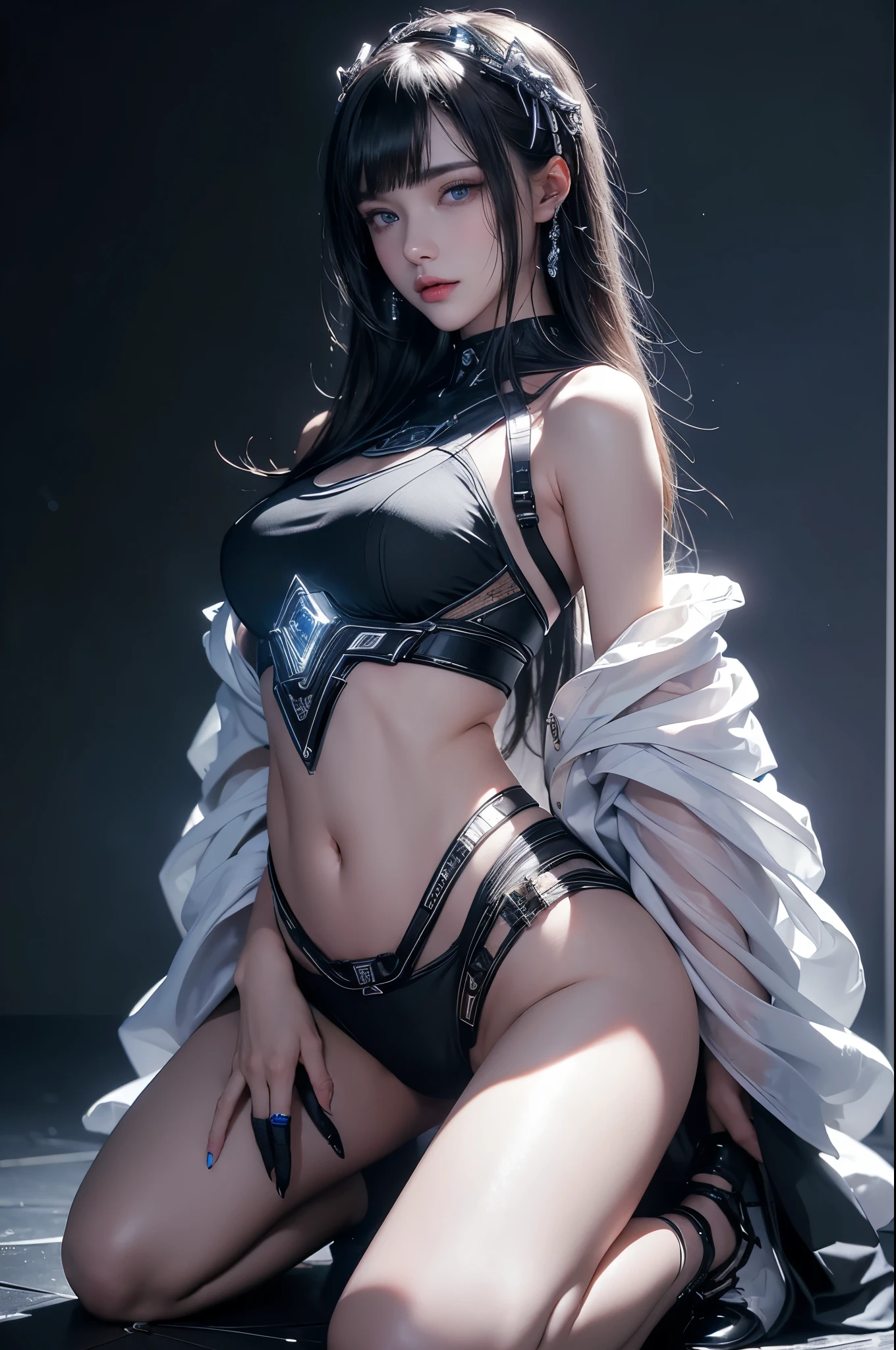 masterpiece, Highest quality, Very detailed, To the camera, 複雑に詳細なVery detailed, Realistic, Sharp features, Very detailed, Sharp focus, Perfect Face, Perfect Face, Perfect symmetry and perfect eyes, Perfect Plump Lips, Flexible female form, Cinematic, Film Light, Very detailed, hyper Realistic, masterpiece, Atmospheric, High resolution, Vibrant, Dynamic Studio Lighting, ((Dark Background)), The expression when enduring pleasure, Straight bangs, blue eyes,Kneeling with hands on crotch、Butt、Sexually aroused expressions、No clothes、NSFW,((top quality、8k、masterpiece:1.3))Wears a silver-white mech,girl with delicate face,Highest image quality,Ultra-clear,Delicate and clear facial features,end of the world,Mechanical arm,Exquisitely detailed mechanical pattern,Cyberpunk characters、numbercity、number、century、throne