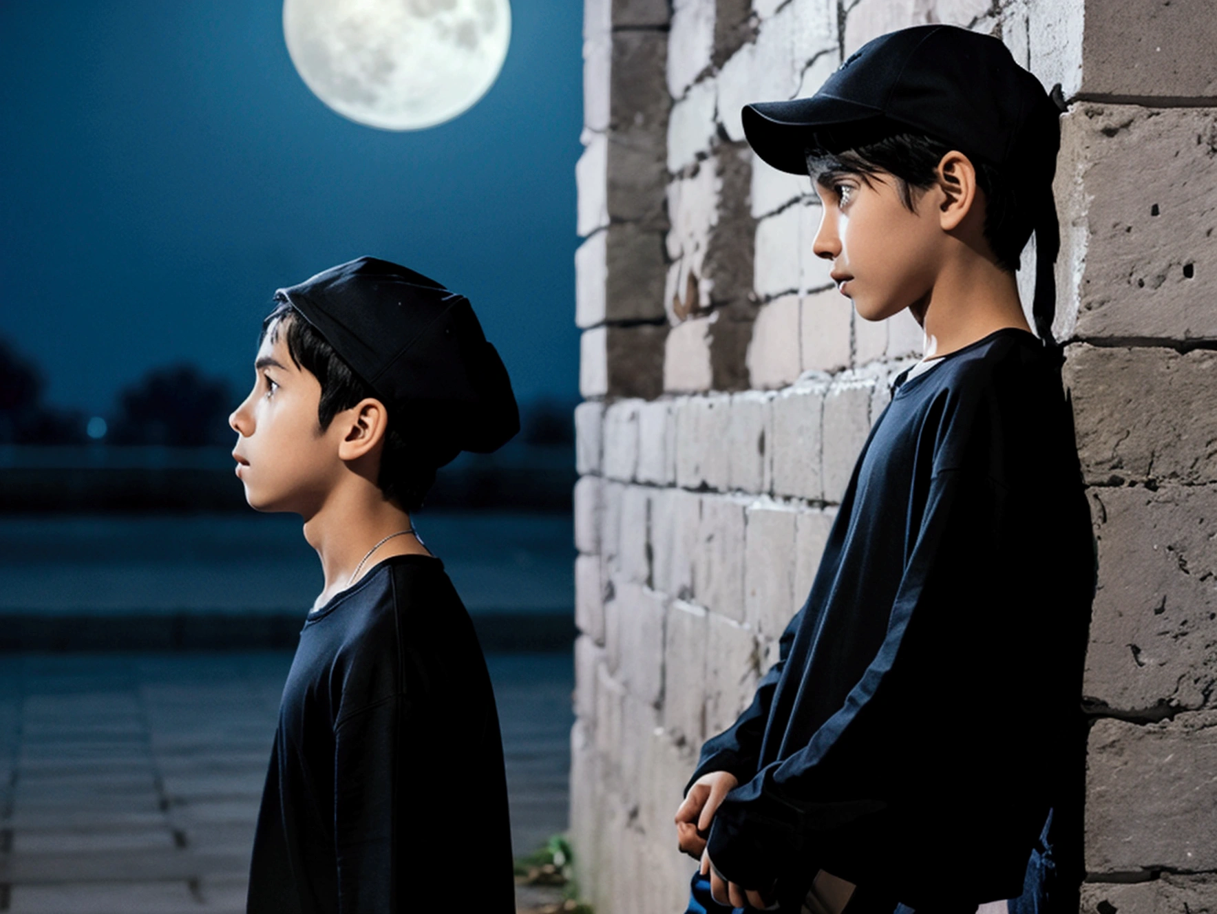photo with a thin black-haired boy leaning against the wall and looking at his body and face to the left, He has a black cap with a black sweatshirt and in the background there is a moon and it is night, the boy looks down sadly and it rains, 4k