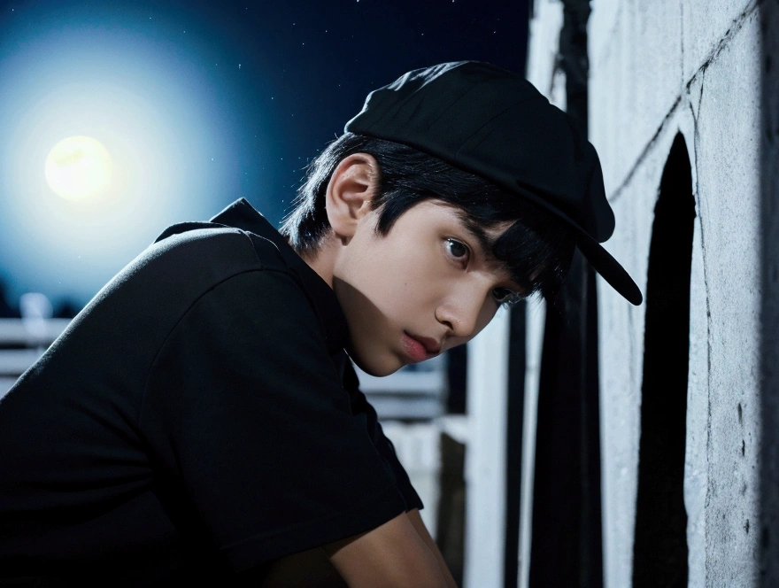 photo with a thin black-haired boy leaning against the wall and looking at his body and face to the left, He has a black cap with a black sweatshirt and in the background there is a moon and it is night, the boy looks down sadly and it rains, 4k