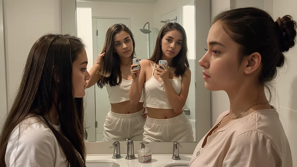 several women are taking a picture in a mirror in a bathroom, profile pic, profile picture, posing for a picture, very very low quality picture, 18 years old, mirror selfie, beautiful girls, profile image, older sister vibes, ************, instagram model, selfie, high picture quality, selfie photo, leaked photo