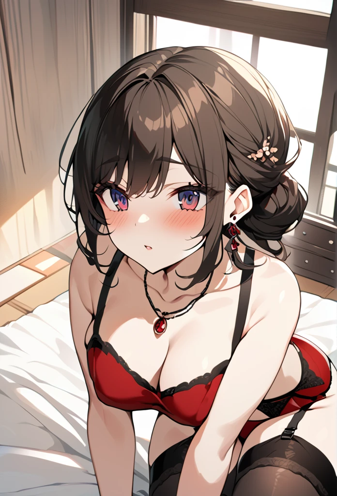 See-through sexy black and red underwear Soapland Shy and seductive look Sexy Body Clear Eyes slightly round eyes Sit on the mat office lady Japanese women Manga illustration Beautiful E Cup Breasts the body is slim Highest quality 4K Chignon Hairstyle Hair tied up Light brown black hair hair ornaments necklace The background is a dimly lit bathroom. Simple Background Seductive pose garter belt Black Stockings Earrings Fine details Beautiful anime illustrations Beautiful Face alone High resolution, One Girl, Highest quality, Attention to detail, Bright Eyes, Medium Hair,