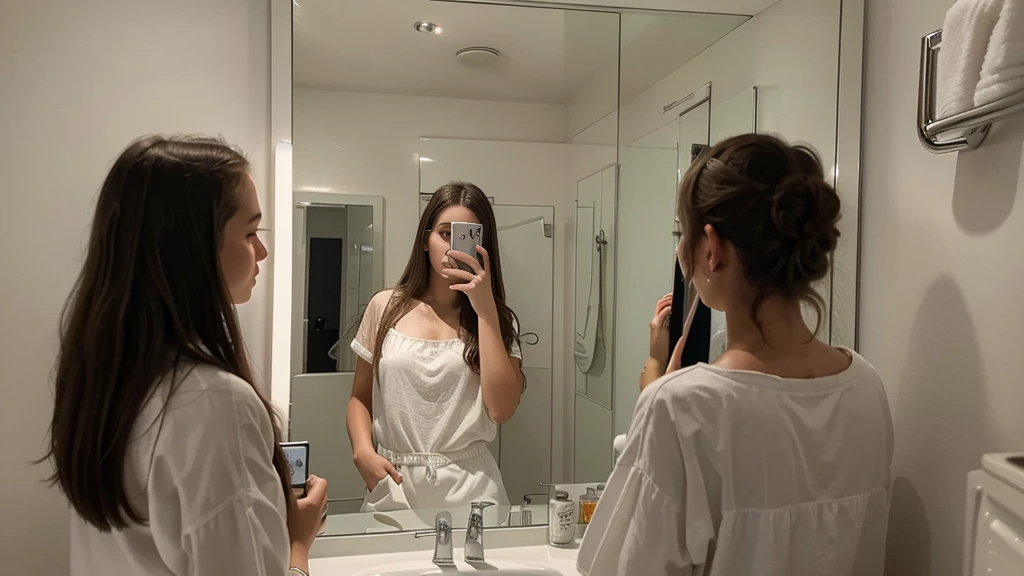 several women are taking a picture in a mirror in a bathroom, a picture by Niko Henrichon, reddit, realism, profile pic, profile picture, posing for a picture, very very low quality picture, 18 years old, mirror selfie, beautiful girls, profile image, older sister vibes, 16 years old, instagram model, selfie, high picture quality