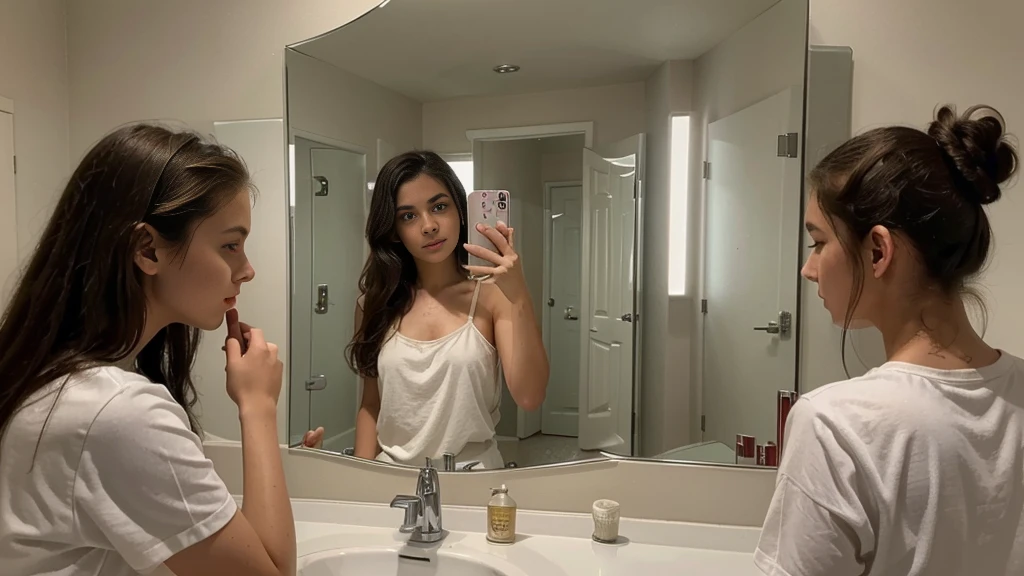several women are taking a picture in a mirror in a bathroom, a picture by Niko Henrichon, reddit, realism, profile pic, profile picture, posing for a picture, very very low quality picture, 18 years old, mirror selfie, beautiful girls, profile image, older sister vibes, , instagram model, selfie, high picture quality