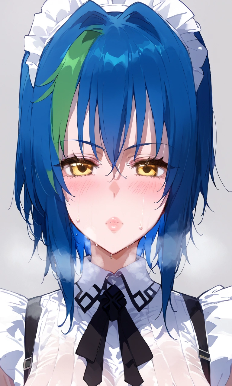 score_9, score_8_up, score_7_up, score_6_up, score_5_up, score_4_up, source_anime , 1girl, xenovia quarta, short hair, blue hair, yellow eyes, , multicolored hair, green hair, two-tone hair, streaked hair, large breasts, , floox style, \\\\\ , \\\\\ steam, steaming body, sweat,, rating_explicit, high resolution, deep breath, lying on back , grey background, solo, , maid outfit
