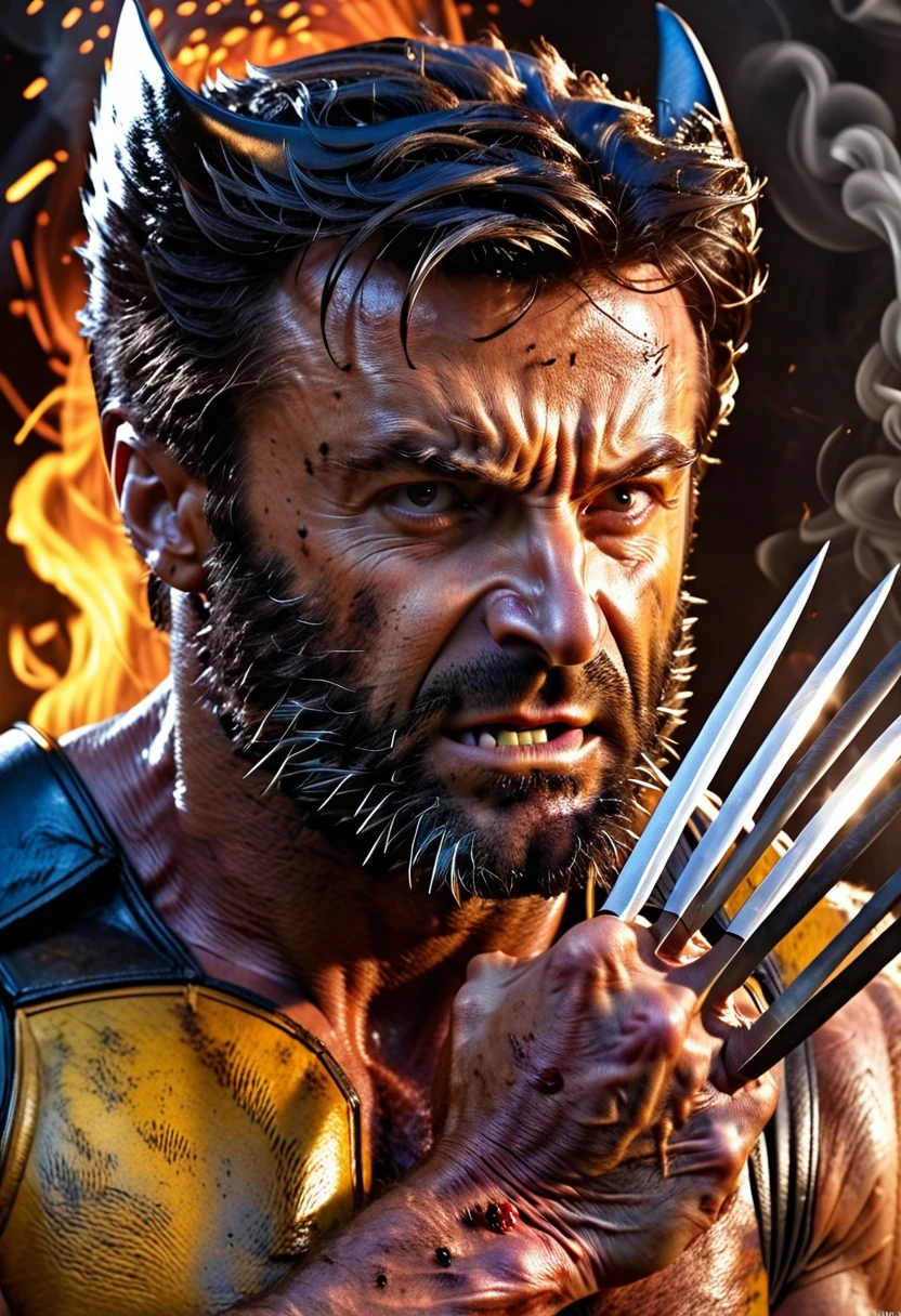 Marvel - Wolverine, close-up photo, background of brilliant smoke and fire, Great war to save the world, masterpiece, 8k