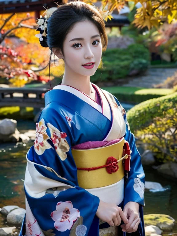 (Highest quality、 8k 、masterpiece、High resolution)、 Japanese painting、Vibrant colors、A woman wearing a kimono、Ample breasts、Hands on chest、(Highly detailed face and eyes,Beautiful Face,Beautiful Eyes,Beautiful nose,Pretty lips)、Dynamic painting technique、Japanese garden、Autumn scenery、autumn leaves、Starry Sky、Lantern、Detailed Description、