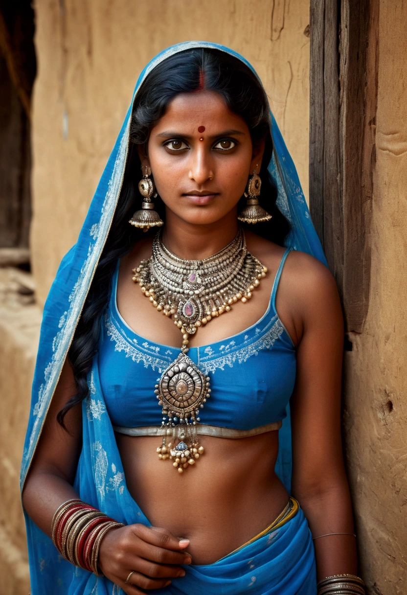(((Full Body Portrait))), 30 years old Rajasthani Village Woman, Topless wearing traditional Rajasthani Clothes, In a Rajasthani Village, Gorgeous Face, Seductive, Thicc, Deep cleavages, detailed breasts, High detailed skin, (Detailed face and eyes:1.3), perfect human anatomy, Perfectly drawn legs and hands, detailed long bridled hair, very detailed background, ((film grain, color photo, skin details, high detailed skin texture, 8k hdr, dslr)), (photo by Frank De Mulder, Tim Walker, Storaro, Lubezski), black hair, solo, detailed eyes