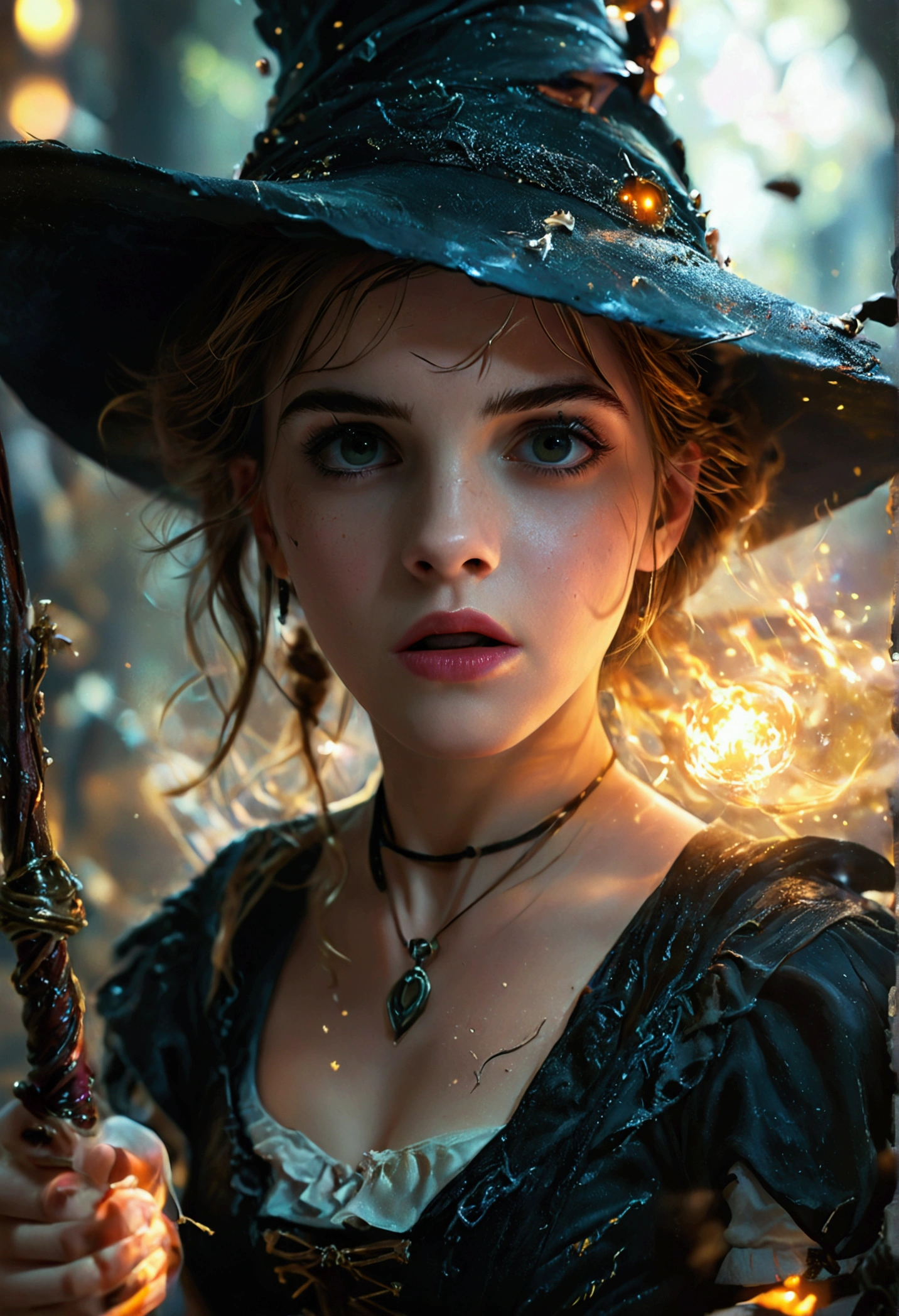 Highly detailed RAW photo of Emma Watson wearing witch dress flying on magical broom with horror background, dynamic pose, (wide hips), (detailed ), (detailed lips), (detailed eyes), (Sci-Fi setting) (detailed face), (curvy), detailed eyes, depth of field, soft lighting, masterpiece, best quality, intricate, (lens flare:0.7), (bloom:0.7), particle effects, raytracing, tone mapped, highly detailed, concept art, smooth, sharp focus, dramatic lighting, highly detailed artwork, cinematic, hyper realistic painting, trending on Artstation, 8K, incredible shadows, realistic, (highly detailed background:1.2), art by midjourney