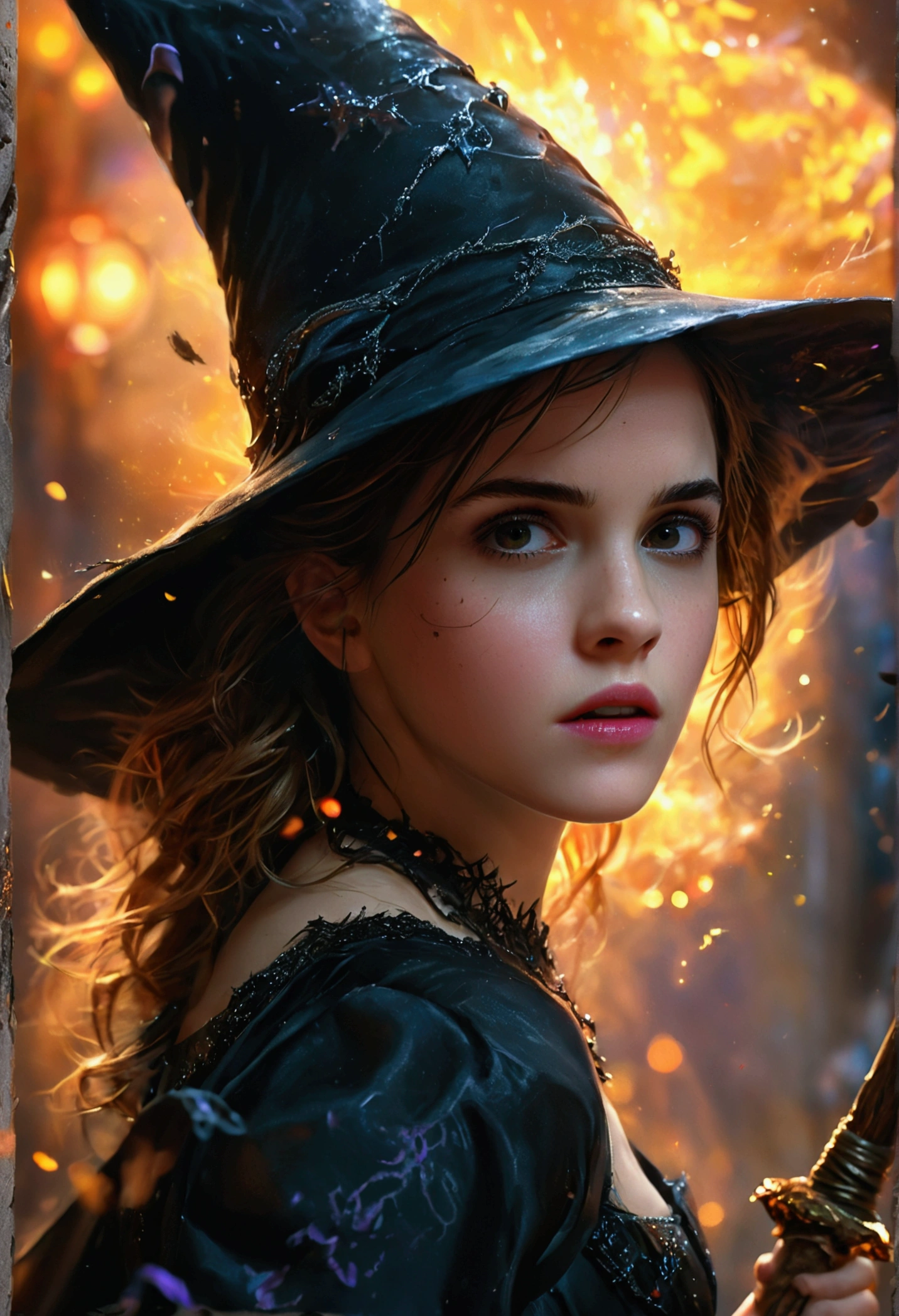 Highly detailed RAW photo of Emma Watson wearing witch dress flying on magical broom with horror background, dynamic pose, (wide hips), (detailed ), (detailed lips), (detailed eyes), (Sci-Fi setting) (detailed face), (curvy), detailed eyes, depth of field, soft lighting, masterpiece, best quality, intricate, (lens flare:0.7), (bloom:0.7), particle effects, raytracing, tone mapped, highly detailed, concept art, smooth, sharp focus, dramatic lighting, highly detailed artwork, cinematic, hyper realistic painting, trending on Artstation, 8K, incredible shadows, realistic, (highly detailed background:1.2), art by midjourney