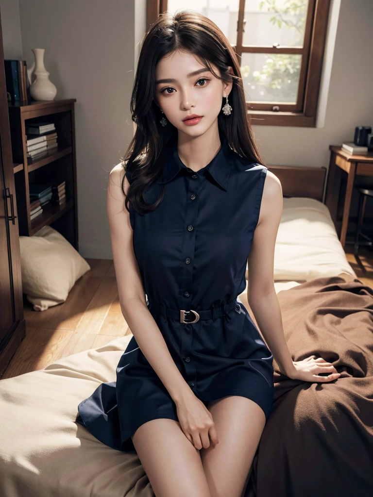 absurdres, RAW photo, extremely delicate and beautiful, masterpiece, Best Quality, ultra high resolution, 32k, hyperrealistic, ultra-detailed, perfect anatomy, anatomically correct, perfect figure, Perfect Style, Perfect balance, super Detailed skin, in her 30s, very Slim body, narrow waist, very small head, very small face, delicate facial features, handsome detailed woman, very detailed eyes and face, realistic face proportions, Realistic beautiful face, Realistic beautiful eyes, tearful mole, earring, very huge round tits, (full body shot:1.2), (whole legs:1.2), medium hair, dark blonde hair, asymmetrical hair, indoor, (collared navy button shirt dress:1.2), (sleeveless:1.2),