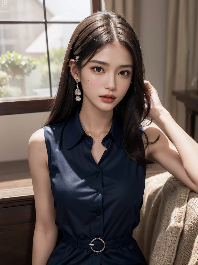 absurdres, RAW photo, extremely delicate and beautiful, masterpiece, Best Quality, ultra high resolution, 32k, hyperrealistic, ultra-detailed, perfect anatomy, anatomically correct, perfect figure, Perfect Style, Perfect balance, super Detailed skin, in her 30s, very Slim body, narrow waist, very small head, very small face, delicate facial features, handsome detailed woman, very detailed eyes and face, realistic face proportions, Realistic beautiful face, Realistic beautiful eyes, tearful mole, earring, very huge round tits, (full body shot:1.2), (whole legs:1.2), medium hair, dark blonde hair, asymmetrical hair, indoor, (collared navy button shirt dress:1.2), (sleeveless:1.2),