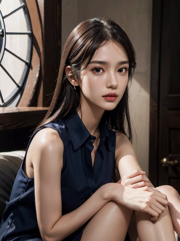 (full body shot:1.2), (whole legs:1.2), (collared navy button shirt dress:1.2), (sleeveless:1.2), absurdres, RAW photo, extremely delicate and beautiful, masterpiece, Best Quality, ultra high resolution, 32k, hyperrealistic, ultra-detailed, perfect anatomy, anatomically correct, perfect figure, Perfect Style, Perfect balance, super Detailed skin, in her 30s, very Slim body, narrow waist, very small head, very small face, delicate facial features, handsome detailed woman, very detailed eyes and face, realistic face proportions, Realistic beautiful face, Realistic beautiful eyes, tearful mole, earring, very huge round tits,medium hair, dark blonde hair, asymmetrical hair, indoor,