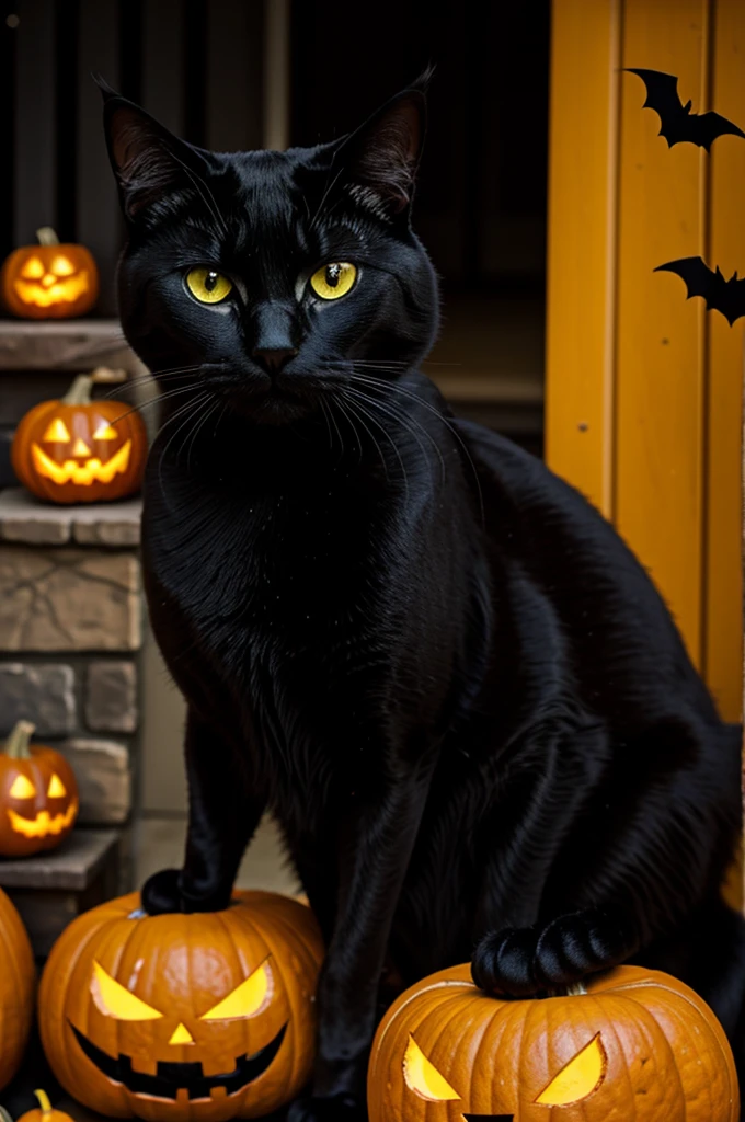 Black cat with big sparkling yellow eyes. Halloween. Pumpkins around.