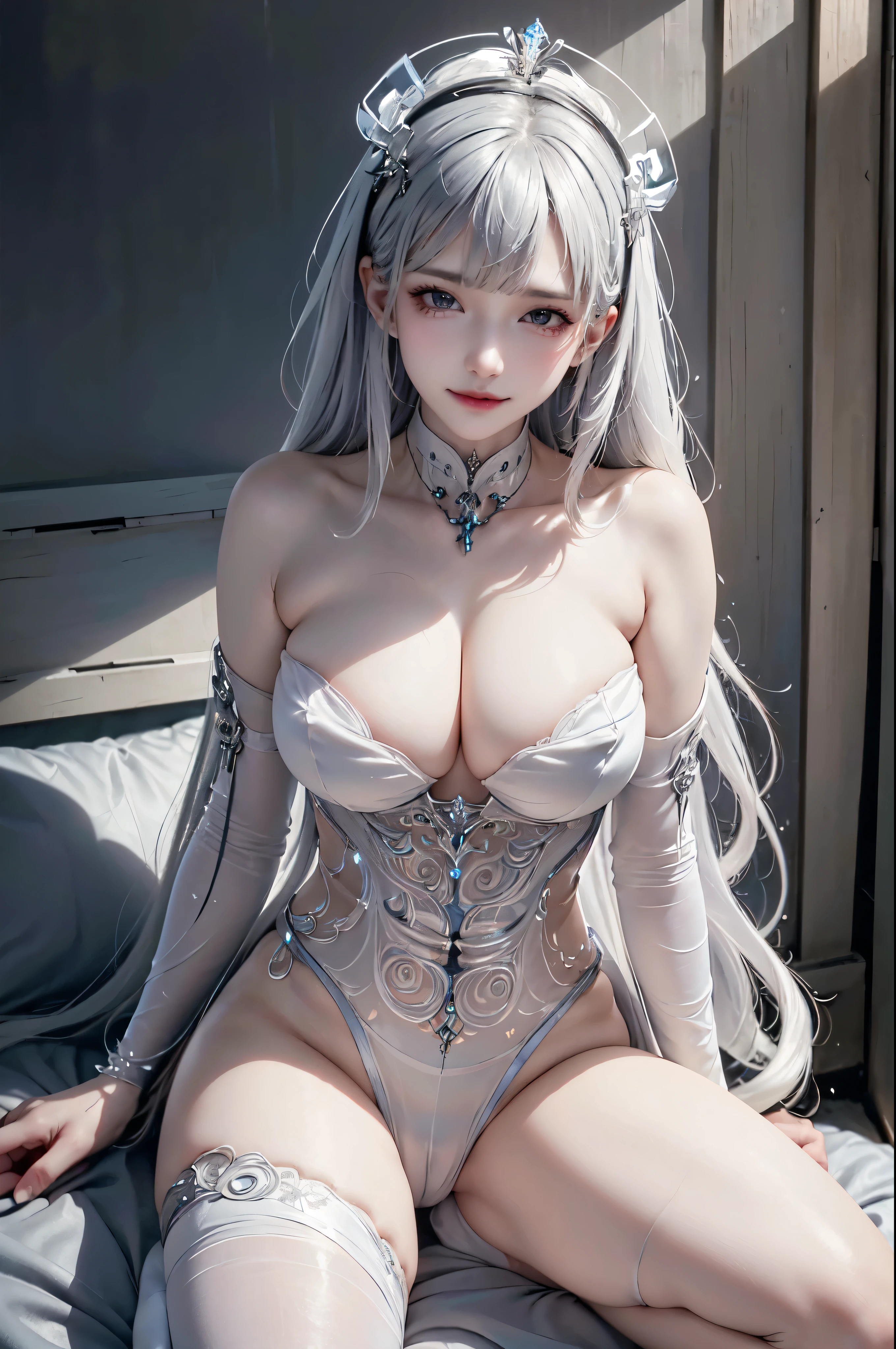 NSFW,((top quality、8k、masterpiece:1.3))Wears a silver-white mech，girl with delicate face，Highest image quality，Ultra-clear，Delicate and clear facial features，end of the world，Mechanical arm，Exquisitely detailed mechanical pattern,cyberpunk characters、numbercity、number、century、throne、