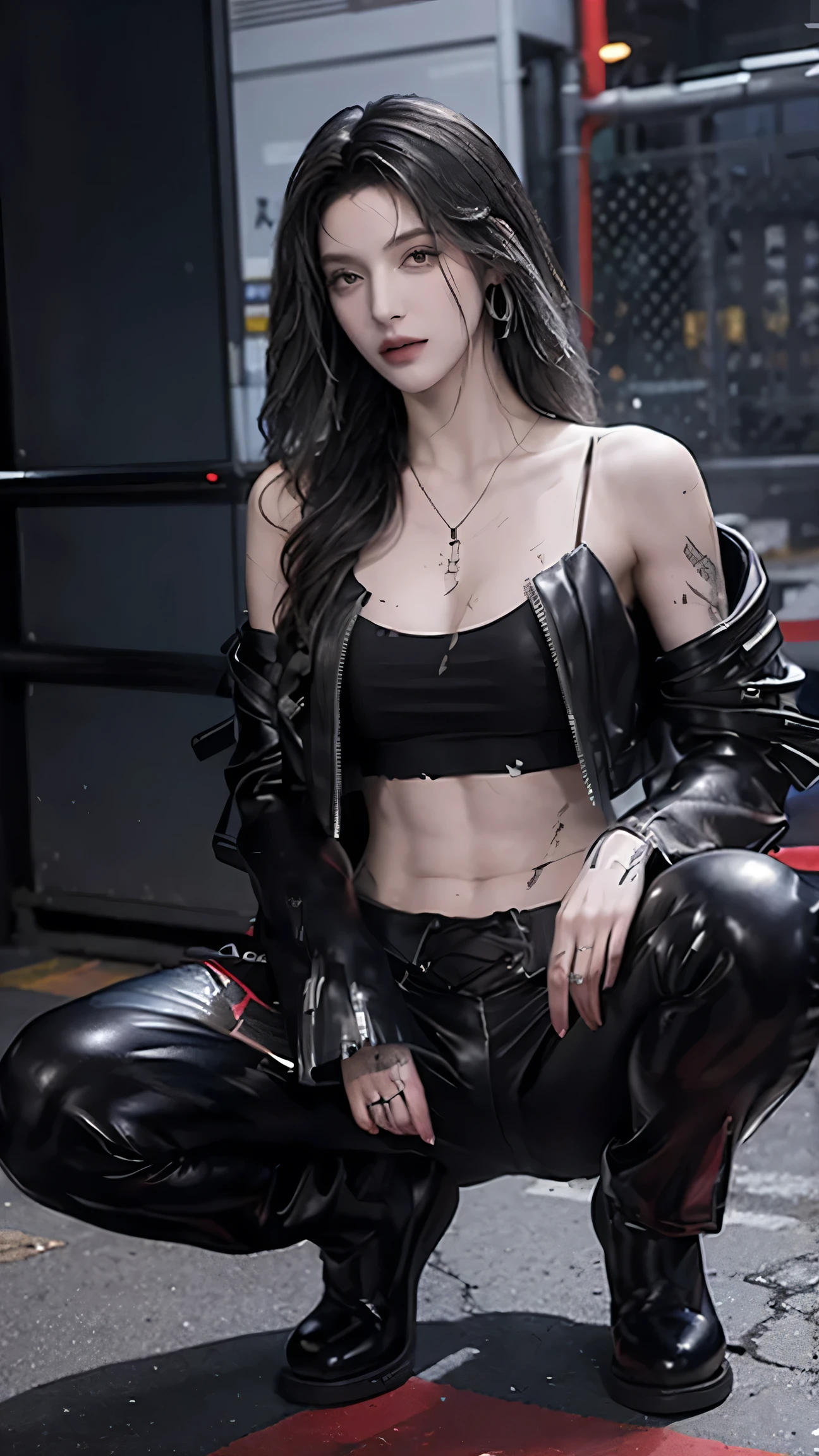 (masterpiece), best quality, HD, 4K, perfect face, black hair, leaked cum, socks, drunken eyes, hetero, torned dirt leather Jacket, hairband, black long messy hair, arrogant assassin, collarbone, prostitution, muscular, knee, ABS collarbone, dirty booty, shoes, sweaty, cums dumped, wet dirty pulll leggings leather, wet tight, sticky, horny, skinny body, hot, sweats, slum background, bitch, clothed sexually, nipples, glowing red eyes, after sex, Saliva lips, KPop idol, free sex, hell, whore prostitute, breasts, drugs, tags necklace, piercings, tally, fuck finger, bracelets, jewellery, navel piercings, legs tattoos, jewels, anklet, buds, lips, drugged, addict junkies, chains, mud dirty, holding syringe, abused, smiles, happy, scar on skin, humanity, pills syringe on floor, sick, lips piercings, goth, eyelashes, legs, mindbreak, latex