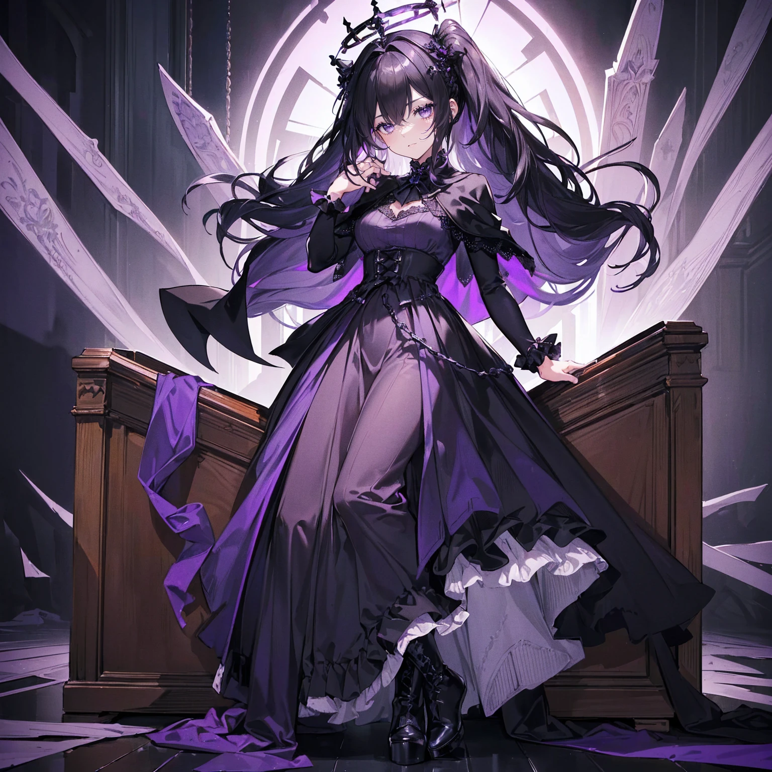 (Super detailed)),((illustration)),((masterpiece)),(((need))),((fine、Highest quality CG Unity 8K wallpapers,masterpiece),((4K,masterpiece,best quality)),Black hair queen,Waist-length hair,Royal sister,Sexy,Tall figure,Lilac eyes,Standing upright in a coffin,mummy,The whole body is wrapped in bandages,Limbs wrapped in bandages,There is a coffin beside him,Mature,Hair Bunch,Hair tied on both sides,Black and purple French vintage clothing,Gorgeous pure black cape,Black veil,Purple-white halo,Black purple boots,Wearing a crown on the head,Holding a knight's sword,pyramid,Emitting dim purple light,Brilliant palace,Mysterious symbols,individual,Emit a dim light,Full body picture