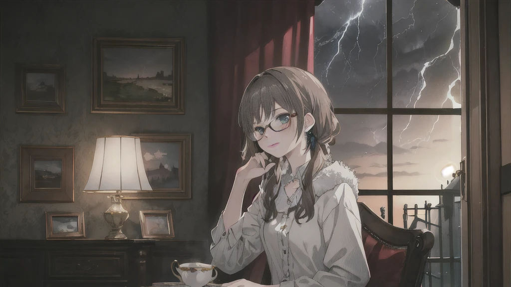 8K,high resolution,absurd,masterpiece,best quality,Original,Extremely detailed CG,Extremely detailed wallpaper,Perfect lighting,1 girl,Fuzzy_background，Storm，Melancholy，calm，Haggard，Lean against the window，Beautiful picture，Tea，Glasses，random，Comfort，Sitting，bust