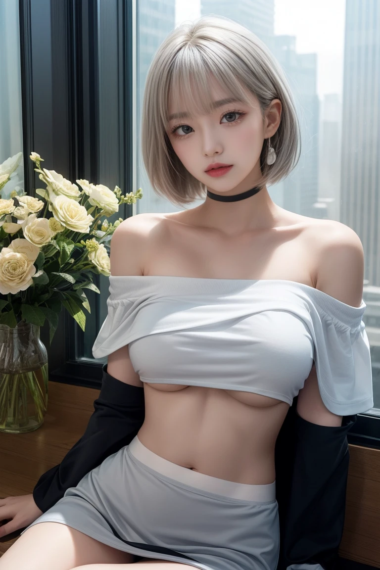 Reflected light、Platinum blonde hair with dazzling highlights、Shiny Hair、Super long silky straight hair、Shiny beautiful bangs、Bright, clear, attractive, large blue eyes、Very beautiful lovely cute 16 year old girl、Ample Bust、Beautiful detailed eyes、 Beautiful detailed nose,((whole body:1.5)),Eye-emphasizing makeup、Royal Style、Comic book style、、Subsurface Scattering、Glamorous details、Nature background、Supergianthugebreasts、((Cinematic))、Dramatic Lighting、Mastepiece、((White floral off-shoulder T-shirt:1.4))、(Loose and fluffy perm:1.4)、1 girl、((Bob Hair:1.3))、超Realな8K CG、絵に描いたようなperfectionなperfectionな顔、perfection、clean、Mastepiece、Professional artwork、 Famous artwork、perfectionな顔、Beautiful Face、Beautiful eyeless female body))、solo、(Immersive atmosphere、Clare Obscure:1.5、Bright light:1.2、Bright lighting)、(blush:0.5)、Captivating look、Very detailed_eyes、Thick thighs、big、Beautifully detailed backgrounds、Depth of written boundary、Real:1.3、Long Shot、Sitting、whole body、(Ambient Light:1.3)、(Cinematic composition:1.3)、(Neon Light:0.1)、(nffsw:0.1)、Accent lighting、pantyhose、((Out of the window、 Hazy skyscrapers))、(()、(Puffy eyes:1.2)、(Slim legs)、(Light on face and chest)、(((((Underboob)))))、Lower chest、Oily skin、Are thin、 (The underside of the chest is slightly visible)、(I can see under my chest、Belly button and ribs visible)、The hips and lower abdomen are visible、Navy blue flared skirt、(Pull up your skirt)、((White thong panties are visible))、Mature Woman、Light blue hair、((Light grey hair))、(((Two-tone hair)))、Black ta dress with delicate light blue decoration、Slender women、Cute Woman、 8k Ultra HD,Detailed face、Delicate texture, Long Hair、