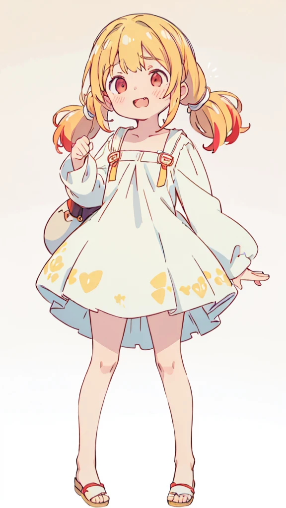 ((masterpiece))((Highest quality))girl、Laughing with your mouth open、blush、Flat Chest、Are thin、Blonde Hair、blush、Are standing、Whole body image、Eye level on face、、No background、Hair is two colors、Twin tails、Red Eyes、Two-tone red and yellow hair、Completely naked、Greeting with pussy、