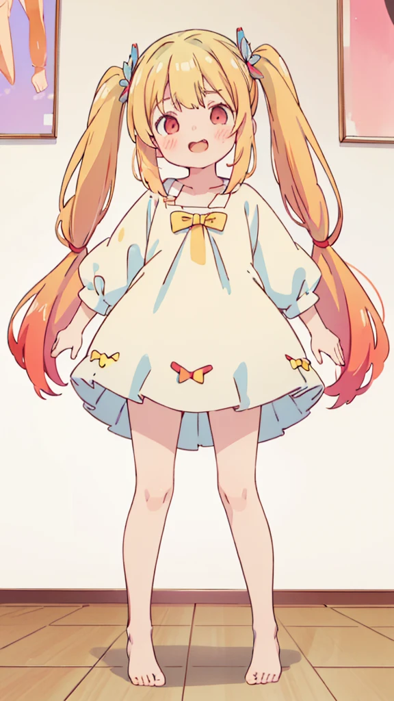 ((masterpiece))((Highest quality))girl、Laughing with your mouth open、blush、Flat Chest、Are thin、Blonde Hair、blush、Are standing、Whole body image、Eye level on face、、No background、Hair is two colors、Twin tails、Red Eyes、Two-tone red and yellow hair、Completely naked、Greeting with pussy、