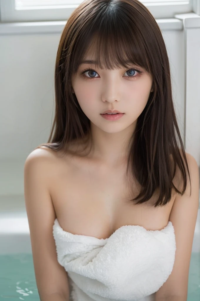masterpiece, Highest quality, One Girl, (Beautiful girl:1.3), (:1.3), Very fine grain definition, (Symmetrical eyes:1.3), (hot spring), (nude, bath towel:1.2), Beautiful breasts, Brown eyes, Parted bangs, Brown Hair, (Eye and facial details:1.1)
