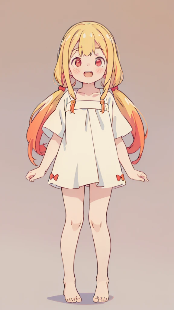 ((masterpiece))((Highest quality))girl、Laughing with your mouth open、blush、Flat Chest、Are thin、Blonde Hair、blush、Are standing、Whole body image、Eye level on face、、No background、Hair is two colors、Twin tails、Red Eyes、Two-tone red and yellow hair、Completely naked、Greeting with pussy、