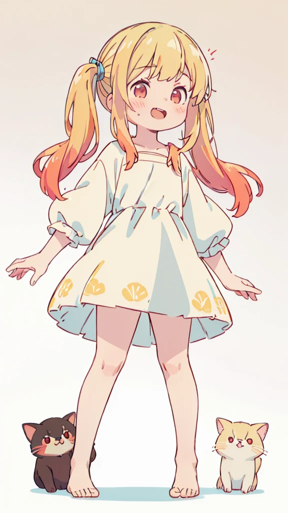 ((masterpiece))((Highest quality))girl、Laughing with your mouth open、blush、Flat Chest、Are thin、Blonde Hair、blush、Are standing、Whole body image、Eye level on face、、No background、Hair is two colors、Twin tails、Red Eyes、Two-tone red and yellow hair、Completely naked、Greeting with pussy、