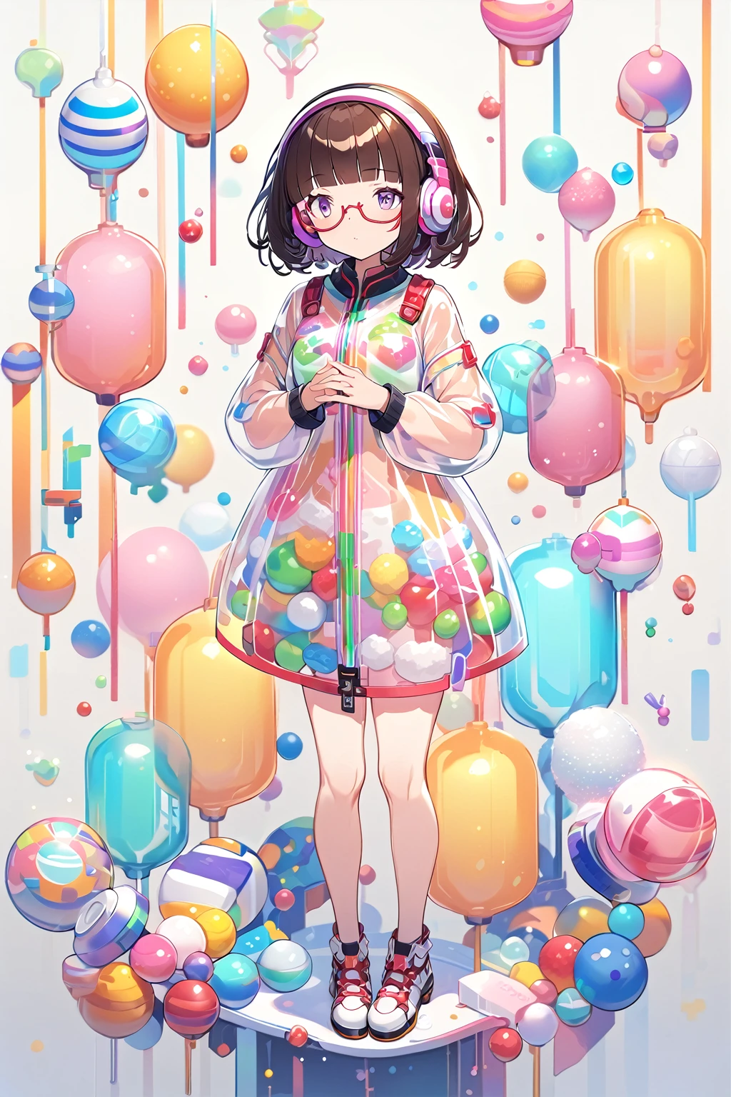 (extremely detailed fine touch:1.3), (((semi-rimless eyewear:1.3))), (headphone:1.2), short hair, blunt bangs, 1 girl, shirt, full body, own hands together, extremely detailed high density plastic, Transparent clothes,