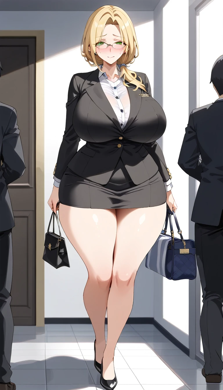 (Best quality: 1.5), (masterpiece: 1.5), (2.5D), (good definition), (detailed face), (well-drawn face), (vivid colors), (1 character), (exaggerated proportions), (hentai), (perfect anatomy), (character in the center), (absurd), (4k wallpaper), (detailed eyes), (perfect hands), (perfect fingers), (beautiful skin), (glowing skin) ), (perfect shadows), (perfect lighting), (full body), (beautiful eyes), (masterpiece), (voluptuous body), (pretty face), adult woman, seductive MILF, Mature MILF Face, mature woman, blonde hair with a low and slightly disheveled ponytail, green eyes, wears glasses, wears a knitted midi dress, embarrassed and nervous expression, carries a bag, huge breasts, huge thighs, huge butt, voluptuous body, good proportions, he inside a rhodium-plated train of many men with censored and pixelated faces