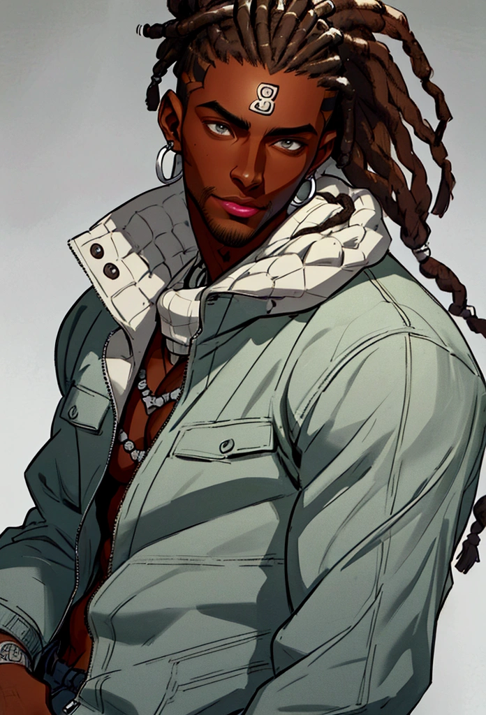 (masterpiece:1.2), (best quality), (ultra detailed), (8k, 4k, intricate),(half-body-shot:1), (highly detailed:1.2),(detailed background:1.2),((dark skin, handsome face,lips)) An man with dreadlocks wearing a dark brown sweatshirt and jeans, street clothing, casual clothing, silver earrings, black version of Shikamaru from Naruto