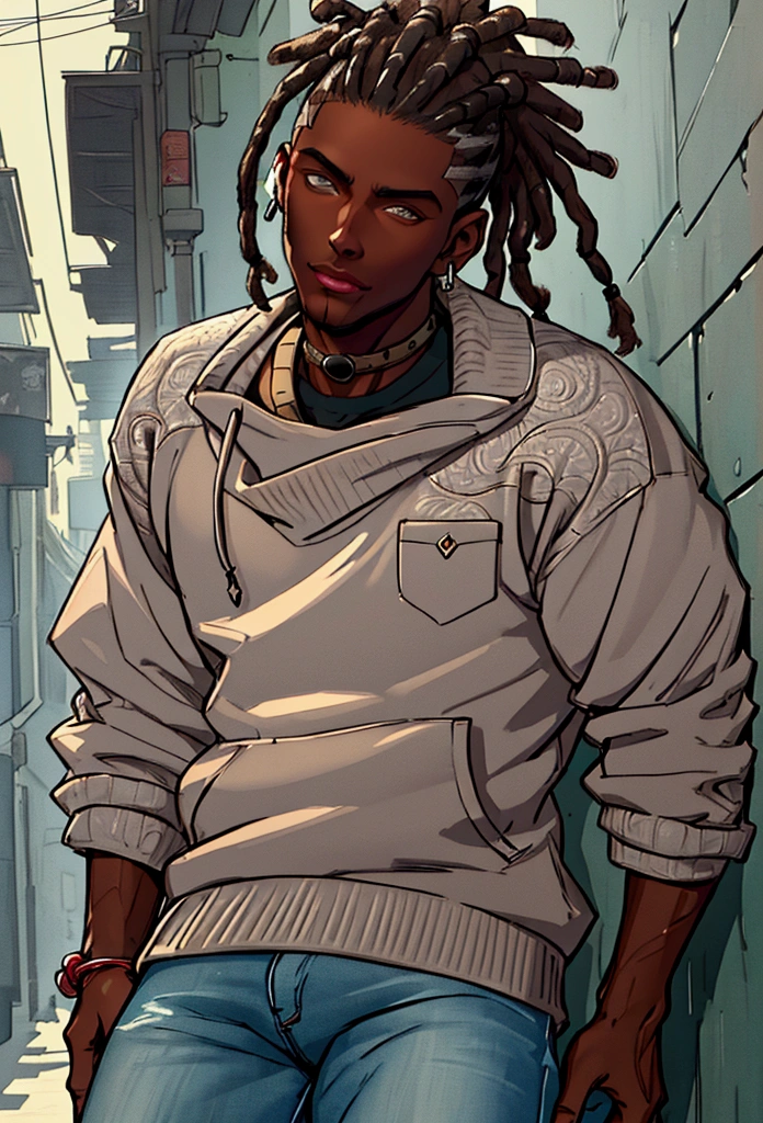 (masterpiece:1.2), (best quality), (ultra detailed), (8k, 4k, intricate),(half-body-shot:1), (highly detailed:1.2),(detailed background:1.2),((dark skin, handsome face,lips)) An man with dreadlocks wearing a dark brown sweatshirt and jeans, street clothing, casual clothing, silver earrings, black version of Shikamaru from Naruto