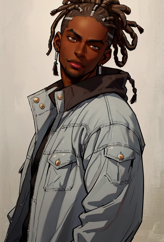 (masterpiece:1.2), (best quality), (ultra detailed), (8k, 4k, intricate),(half-body-shot:1), (highly detailed:1.2),(detailed background:1.2),((dark skin, handsome face,lips)) An man with dreadlocks wearing a dark brown sweatshirt and jeans, street clothing, casual clothing, silver earrings, black version of Shikamaru from Naruto