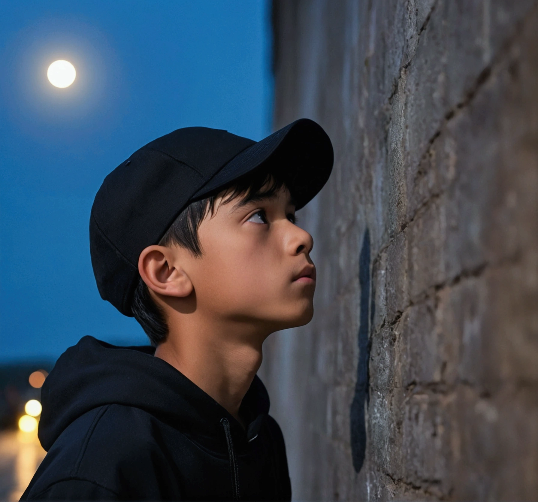 photo with a thin black-haired boy leaning against the wall and looking at his body and face to the left, He has a black cap with a black sweatshirt and in the background there is a moon and it is night, the boy looks down sadly and it rains, 4k