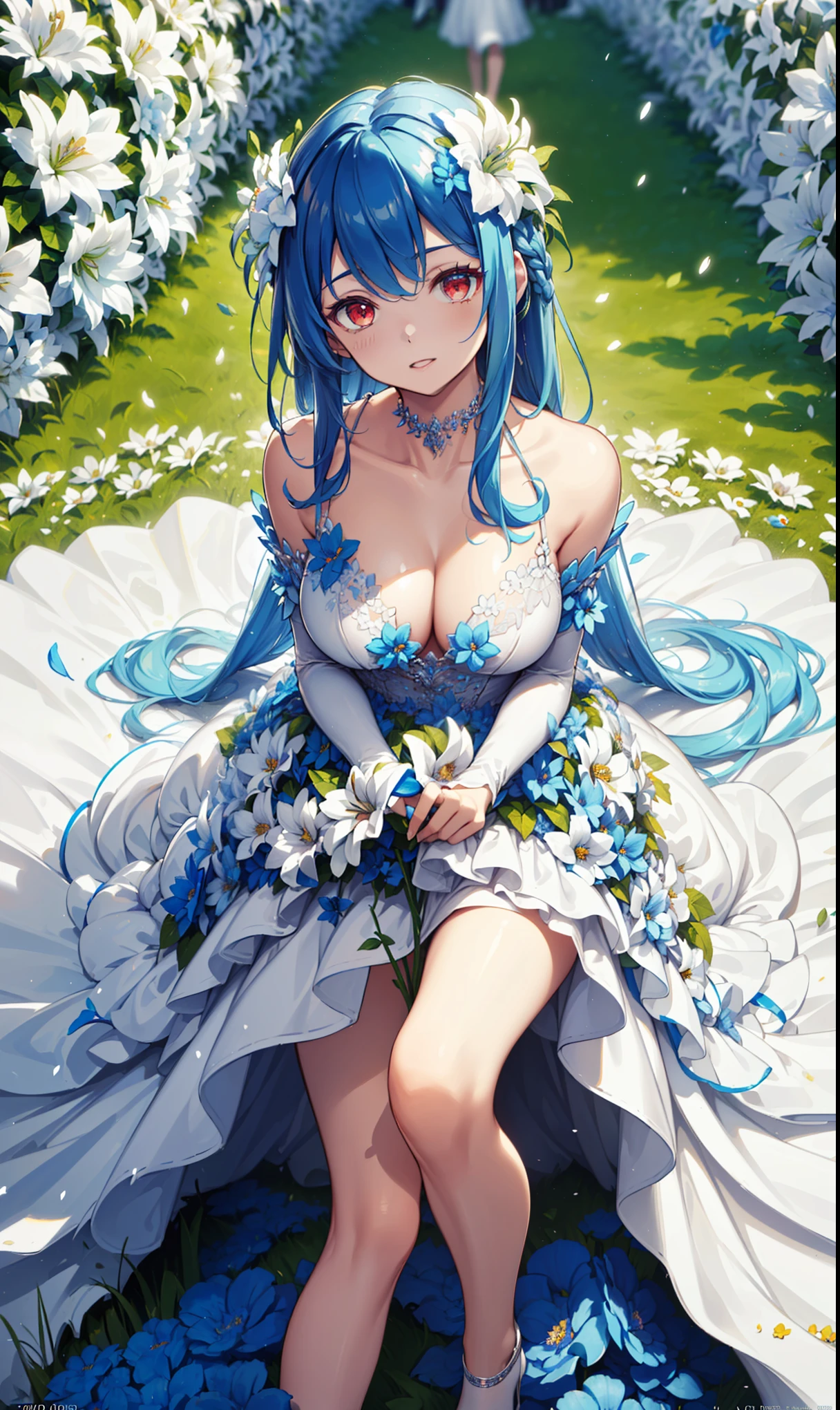 ((best quality)), ((masterpiece)), ((Very detailed)), (illustration), (Detailed lighting), (an extremely delicate and Fair), ((prune)), excellent_absurd, (Ray Tracing), (reflected light) rest (8K:1.3), 1 girl, (Girl in the flowers:1.4), (Pure sky blue hair, Red Eyes:1.5), Clear skies, External, Very detailed, best quality, Ultimate quality, masterpiece, Fair, beautiful, sit on the floor, (Absurdly long hair, Clear fabric borders:1.4), (Pure white dress, Pure white silk cloth:1.5), (Flower land, A thousand flowers, Colorful flowers, Flowers around her, Various flowers:1.51), young, Mild maturity,Curved,Astonishing, attractive, Sundress,Charm , Pure white shoes