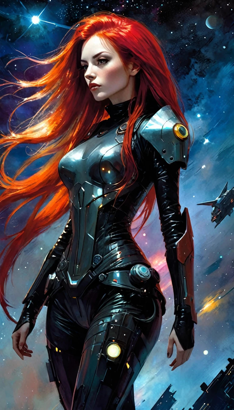 ((Best quality, 8k, Masterpiece: 1.3)), Sharp focus: 1.2, portrait, A beautiful, adult cyberpunk red-haired woman in cyberpunk armor: 1.2, very long red hair flying around the image, very small breasts, ((Layered haircut, red hair, very long flowing hair, )), ((dark scene)), ((dim light)) skyscape, Stars and nebulae, Bright moonlight, Exploring the Cosmos (art inspired by Bill Sienkiewicz). oil painting)