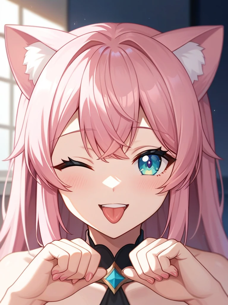 Adult, Female, long pink hair, winking, smiling, tongue out, vtuber, otaku bedroom, Masterpiece, Accurate, Anatomically Correct, Best Quality, High Details, Detail, Super Detailed, Best detail, Perfect detail, Amazing detail, [-3, 3], perfect hands, best hands, best fingers, perfect fingers, perfect body, best body, amazing body, Looking at viewer, front facing, upper body shot, Cat Ears, Close-Up, 