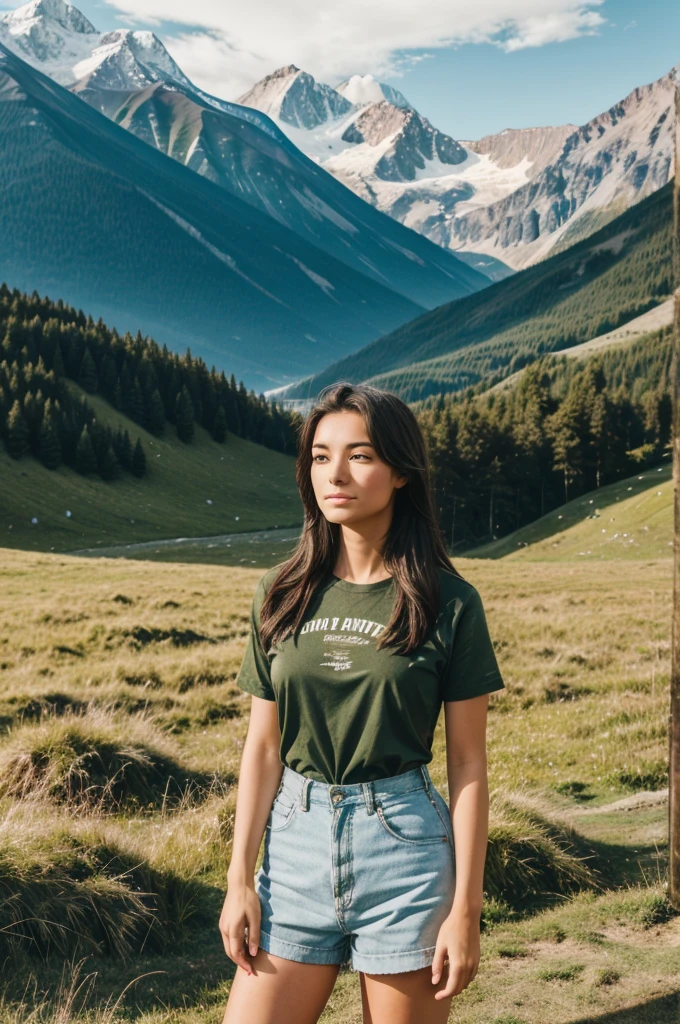 A person standing in grass in front of so many mountains a photo behind her