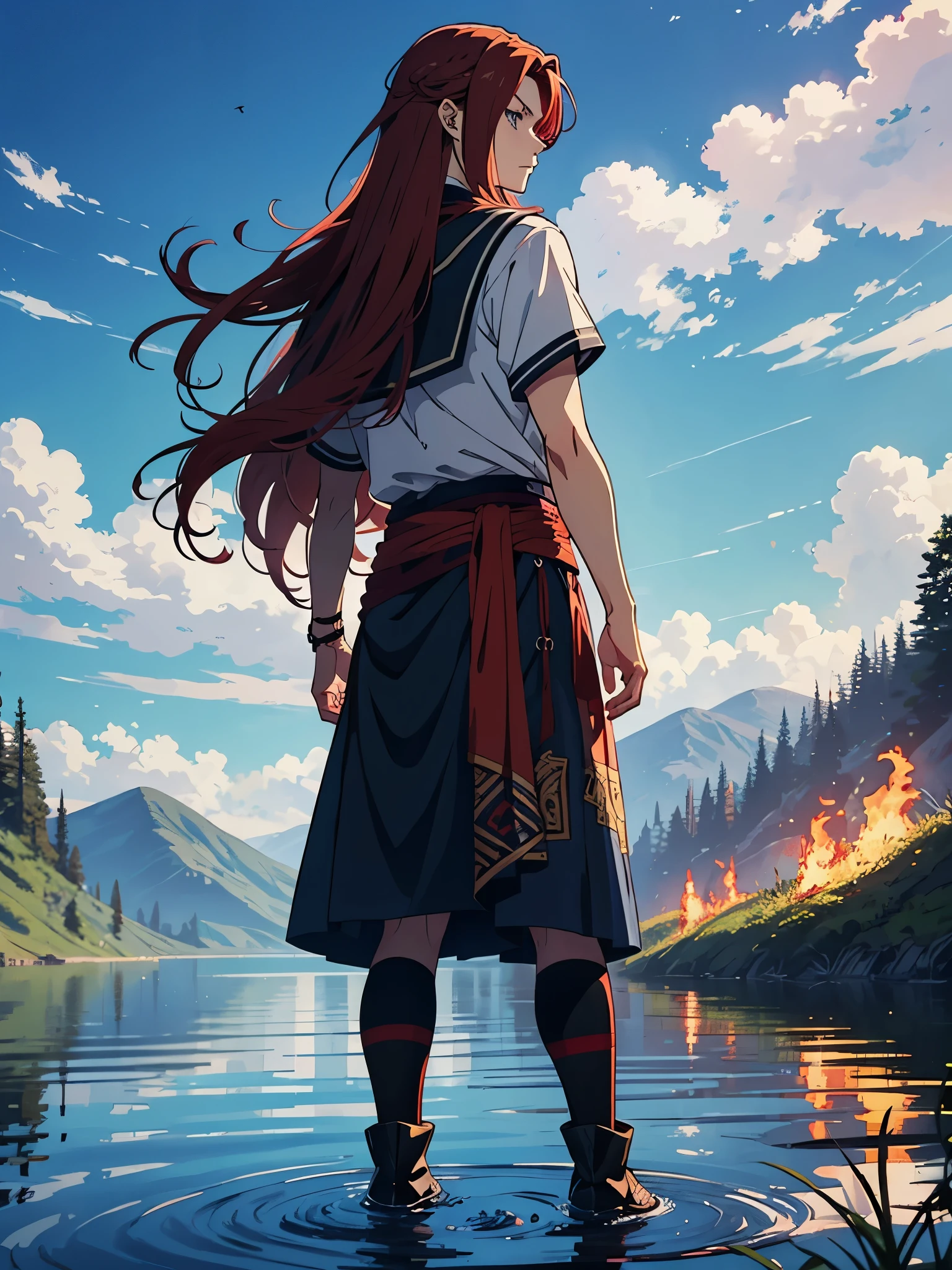 More anime style. blue flames. 2d. flatter. anime style. Viking clothing. soft. More anime. Standing in a lake. More anime. More 2d. Clean. More anime. 2d. Glow. Red hair. More anime. male. Long hair. long red hair. boy, vikings. red hair. Blue eyes. fire.