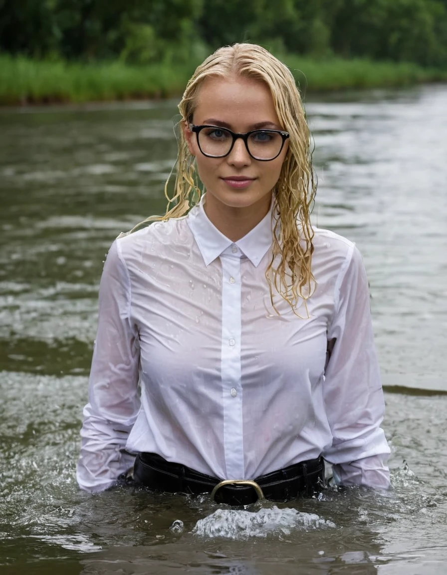 (heavy rain), (perfect photo of a beautifully soaked, gorgeous blonde lady with glasses), (wet hair:1.3), (emerging out from water:1.3), she proudly wears her (wet white shirt:1.3) buttoned to the top, with (long sleeves that extends to her wrists), as she feels the collar of her shirt, (in a river), (only head and shoulders visible on the water:1.4), partially submerged, (kinkily smirking directly at camera with an (aroused expression from being soaking wet), inviting you in), (her black trousers with a belt are visible under the water), photographed on a Fujifilm XT3, 80mm F/1.7 prime lens, cinematic film still, cinestill 500T, highly detailed, masterpiece, highest quality, intricately detailed, HDR, 16k, uhd, photorealistic
