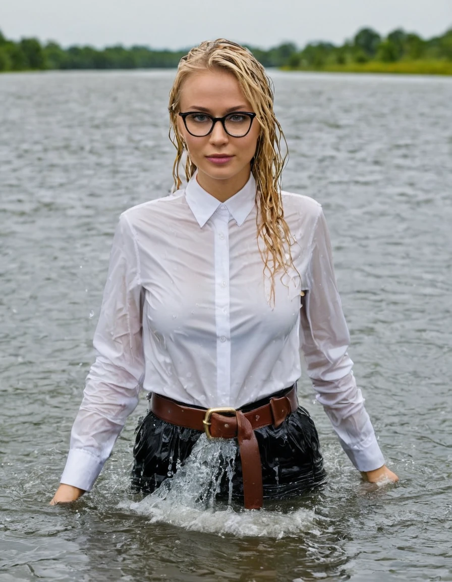 (heavy rain), (perfect photo of a beautifully soaked, gorgeous blonde lady with glasses), (wet hair:1.3), (emerging out from water:1.3), she proudly wears her (wet white shirt:1.3) buttoned to the top, with (long sleeves that extends to her wrists), as she feels the collar of her shirt, (in a river), (only head and shoulders visible on the water:1.4), partially submerged, (kinkily smirking directly at camera with an (aroused expression from being soaking wet), inviting you in), (her black trousers with a belt are visible under the water), photographed on a Fujifilm XT3, 80mm F/1.7 prime lens, cinematic film still, cinestill 500T, highly detailed, masterpiece, highest quality, intricately detailed, HDR, 16k, uhd, photorealistic