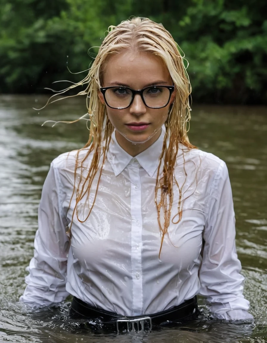 (heavy rain), (perfect photo of a beautifully soaked, gorgeous blonde lady with glasses), (wet hair:1.3), (emerging out from water:1.3), she proudly wears her (wet white shirt:1.3) buttoned to the top, with (long sleeves that extends to her wrists), as she feels the collar of her shirt, (in a river), (only head and shoulders visible on the water:1.4), partially submerged, (kinkily smirking directly at camera with an (aroused expression from being soaking wet), inviting you in), (her black trousers with a belt are visible under the water), photographed on a Fujifilm XT3, 80mm F/1.7 prime lens, cinematic film still, cinestill 500T, highly detailed, masterpiece, highest quality, intricately detailed, HDR, 16k, uhd, photorealistic