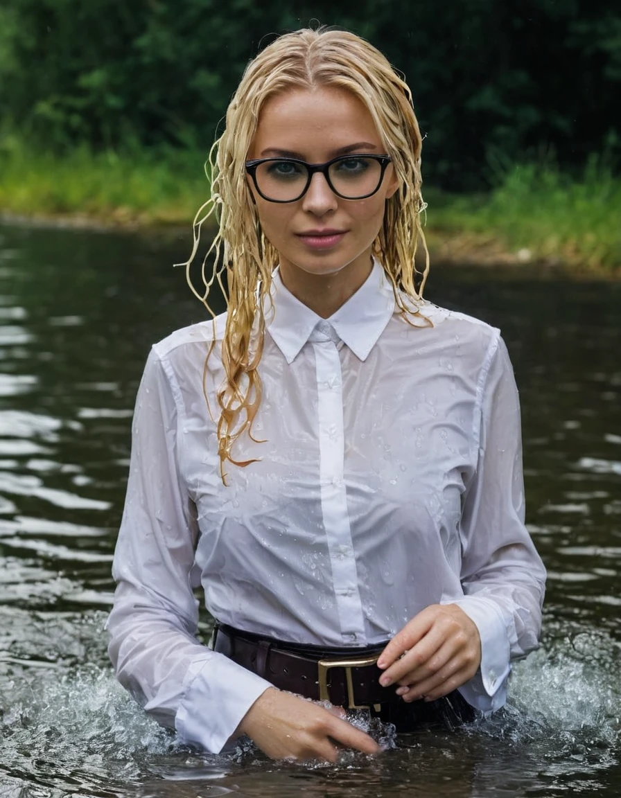 (heavy rain), (perfect photo of a beautifully soaked, gorgeous blonde lady with glasses), (wet hair:1.3), (emerging out from water:1.3), she proudly wears her (wet white shirt:1.3) buttoned to the top, with (long sleeves that extends to her wrists), as she feels the collar of her shirt, (in a river), (only head and shoulders visible on the water:1.4), partially submerged, (kinkily smirking directly at camera with an (aroused expression from being soaking wet), inviting you in), (her black trousers with a belt are visible under the water), photographed on a Fujifilm XT3, 80mm F/1.7 prime lens, cinematic film still, cinestill 500T, highly detailed, masterpiece, highest quality, intricately detailed, HDR, 16k, uhd, photorealistic